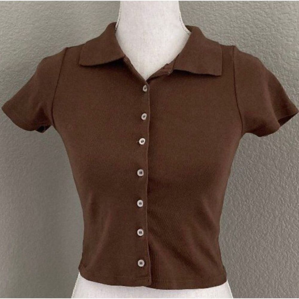Brandy Melville Womens Brown Caroline Short Sleeve Button Front Collared Top OS - Picture 2 of 8